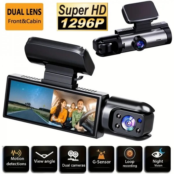 Camera de voiture Dash cam SUPER HD 1296P dual Lens Avant et intérieur